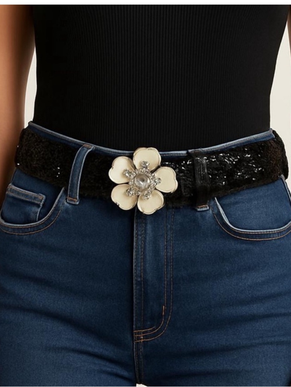 VINTAGE belt metal rosette buckle crystal detail sequin belt cream black 41”